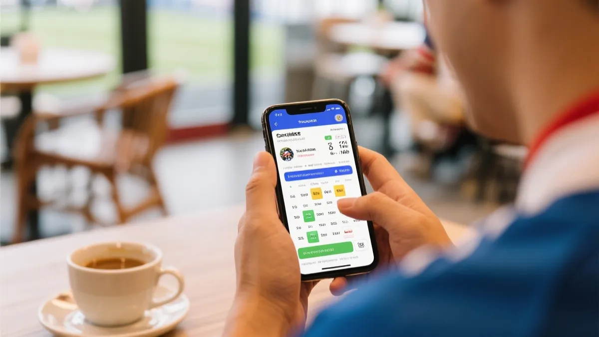 球迷在手机上查看赛程与门票信息的场景,干净明亮