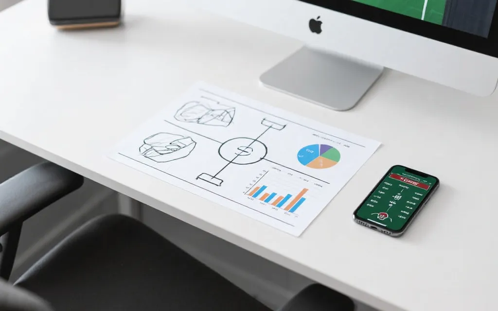 桌面上摊开战术草图与数据图表,旁边的手机显示世界杯对阵与专家预测要点