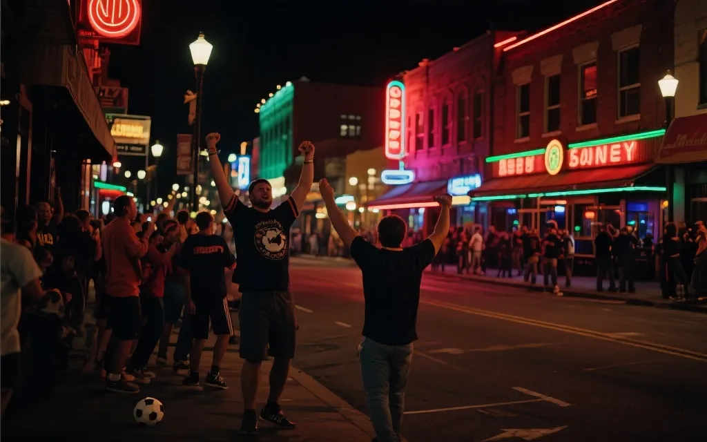 夜晚的球迷酒吧街区，人群穿球衣聚集观看比赛的氛围图